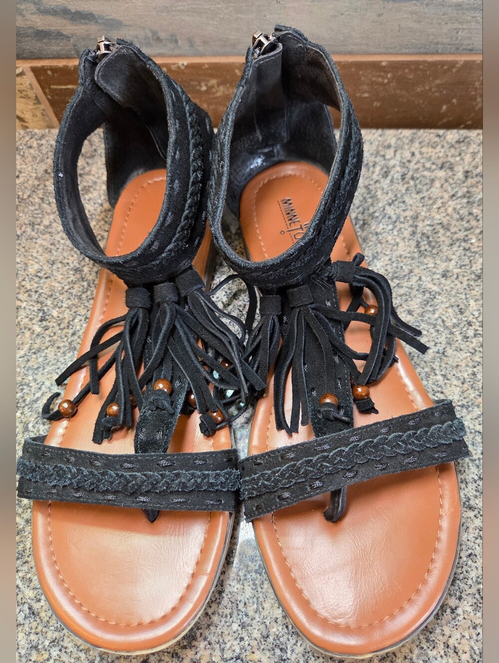 Minnetonka Black Suede Fringe Boho Leather Moccasin Flats Sandals Rear Zip 10 M